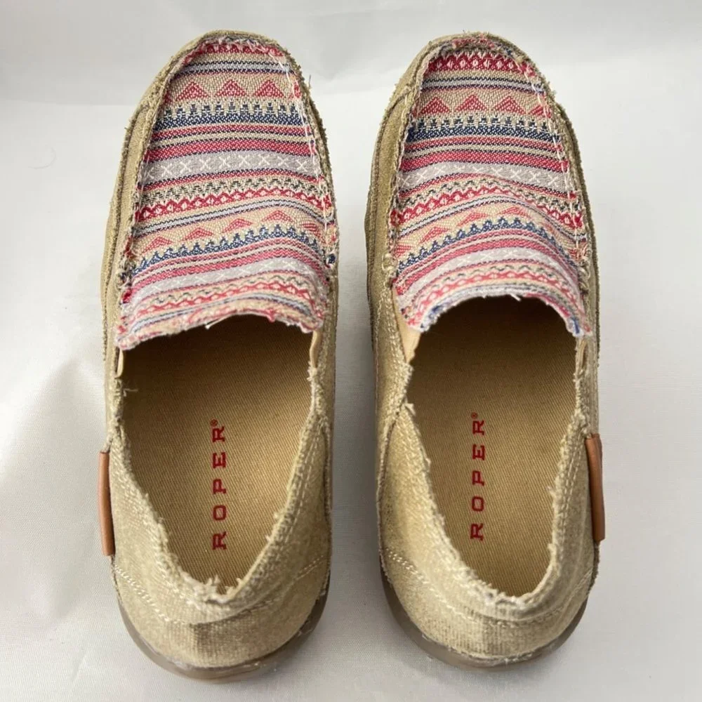 Romper Shoes Geometric women flats Driving Shoes Canvas Tan Comfort shoes Sz 7.5